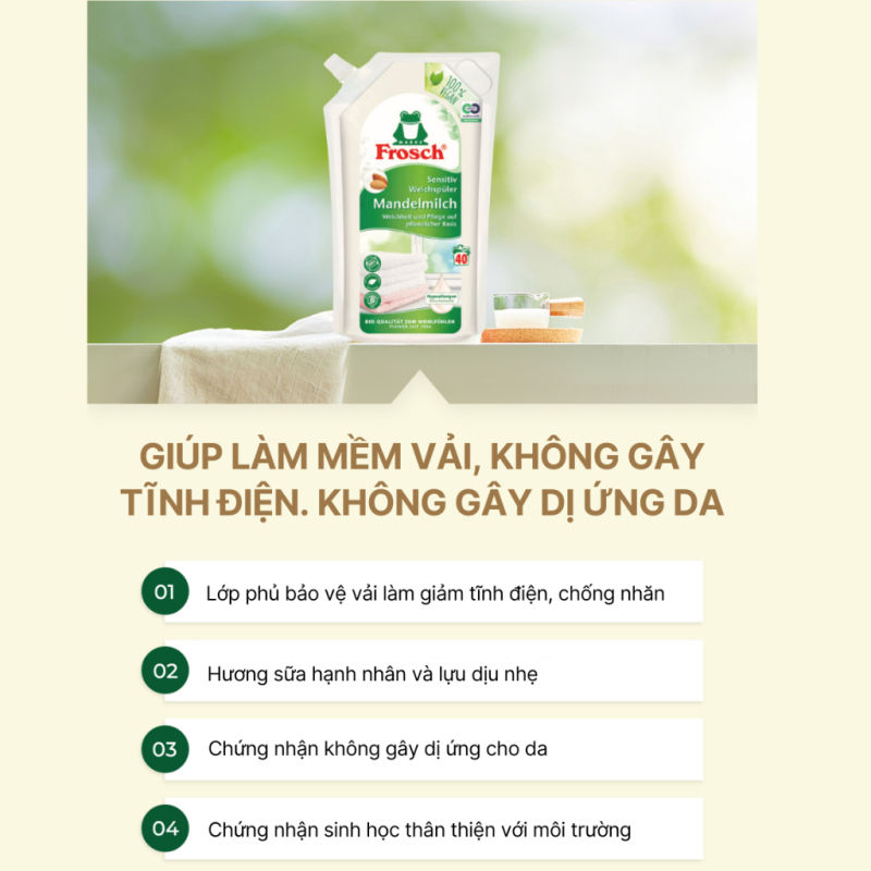Túi Nước Xả Vải Hữu Cơ Frosch 1L Hương Sữa Hạnh Nhân
